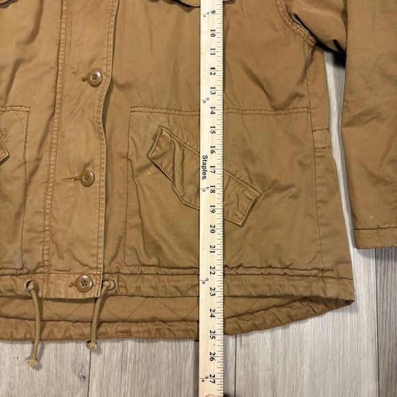 American Eagle Overcoat Jacket Womens Medium M Khaki Brown Fur Hood Flap Pockets - Picture 4 of 8